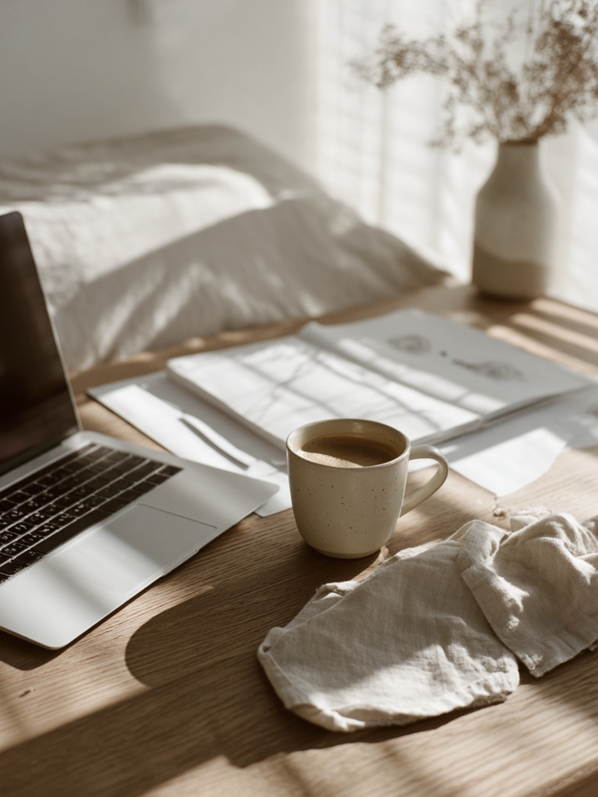 Minimal workspace with a laptop, coffee, and notebook in natural light, representing calm and sustainable business planning