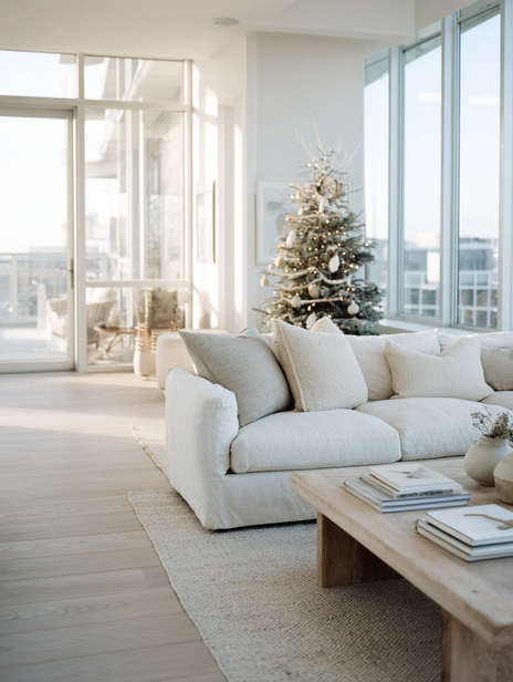 Calm neutral living room with natural light and minimal holiday decor, representing a balanced approach to business planning