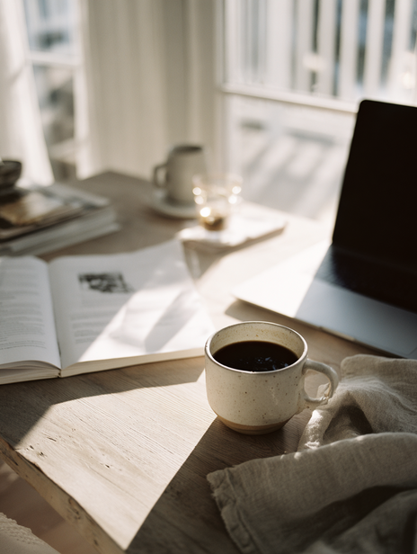 Creative workspace with laptop, coffee, and notebook in soft natural light
