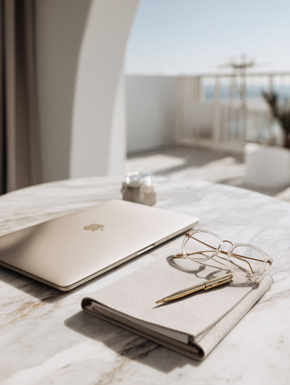 Minimal workspace by the beach with laptop, notebook, and coffee on a sunlit desk