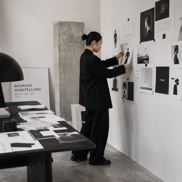 Brand and website designer reviewing a website strategy wall for a custom Showit website project
